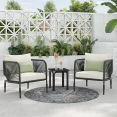 BRISHI Garden Patio Seating Chair and Table Set Outdoor Balcony Garden Coffee Table Set Furniture with 1 Table and 2 Chairs Set with Cushion (Beige and White