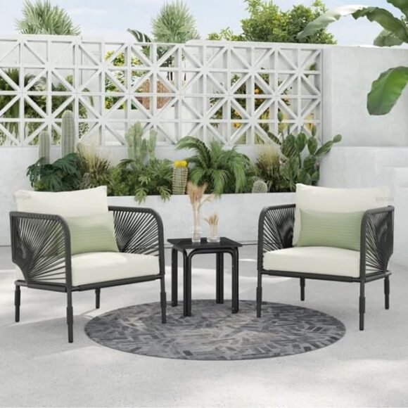 BRISHI Garden Patio Seating Chair and Table Set Outdoor Balcony Garden Coffee Table Set Furniture with 1 Table and 2 Chairs Set with Cushion (Beige and White