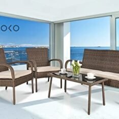 DEVOKO Outdoor Patio Furniture Sofa Set, 4-Piece Conversation Set Waterproof with Washable Soft Cushion and Center Table, Wicker Rattan for Gardens and Balcony (Beige & White)