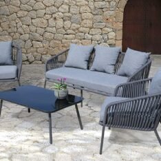 DEVOKO Patio Furniture Set, 4 Pieces for Porch Backyard Garden Outdoor Furniture Rope 6 Seater Sofa with Wooden Top Table Premium Conversation Set with Washable Soft Cushion in Grey Color