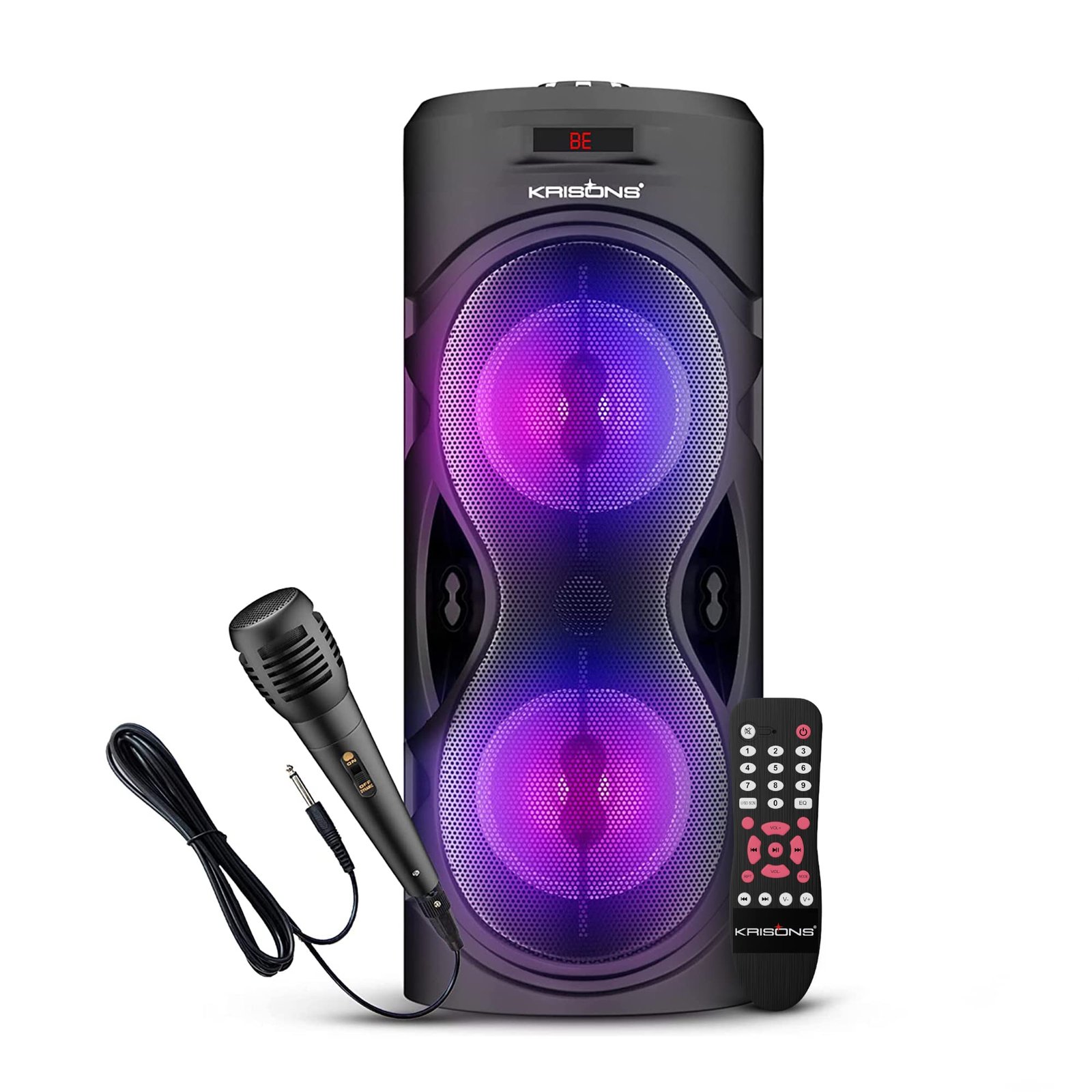 Krisons Cylender 4" Double Woofer 40W Multi-Media Bluetooth Party Speaker with Wired Mic for Karaoke,2400 MAH Battery, Digital Display,RGB Lights, USB, SD Card, FM Radio,Auto TWS Function & Remote