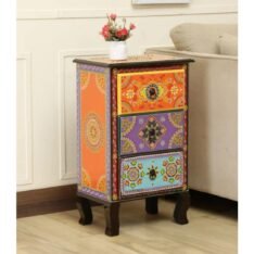 FURNWEAVE Solid Wooden 3 Drawer Side Table - Handpainted Rajasthani