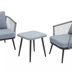 DEVOKO 3 Piece Patio Rope Set Outdoor Woven Rope Conversation Balcony Furniture With Glass Top Table And Cushioned Chairs For Garden (Grey And White), (76 X 89 X 65Cm)